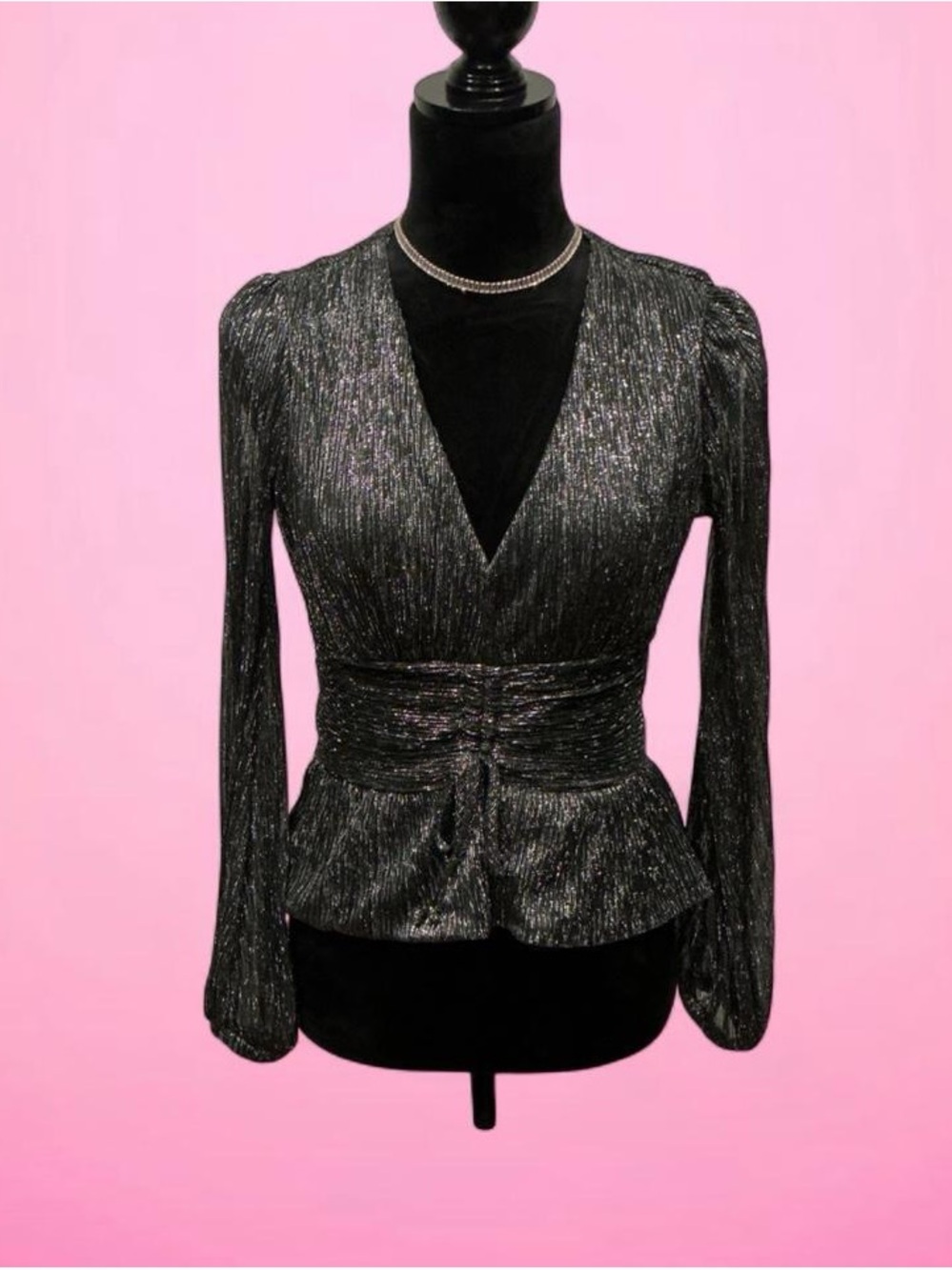🩶sofia by sofia vergara Metallic Black V-Neck Peplum Blouse